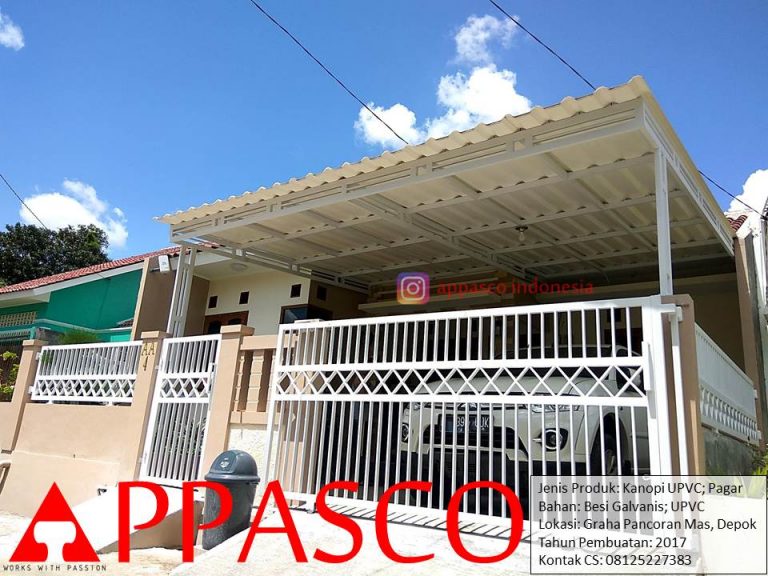 Kanopi UPVC dan Pagar Minimalis Motif Garis-garis Vertikal Cat Putih di Pancoran Mas Depok
